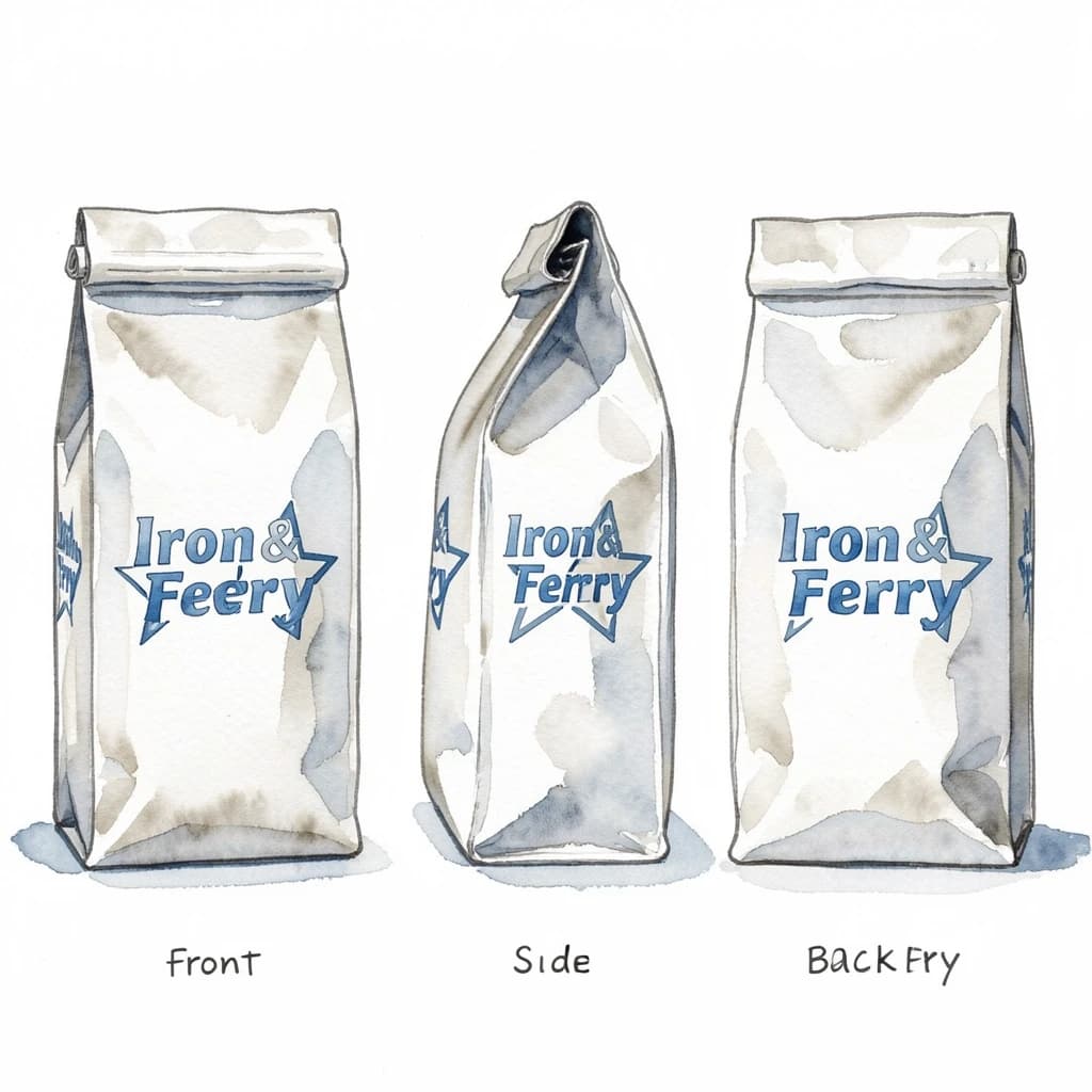 Watercolor of the same coffee bag drawn in three views, captioned "front", "side" and "back", every view carrying the wordmark "Iron & Ferry" with a five-point star outline beside it in the same blue-and-silver coloring, only the angle changing.