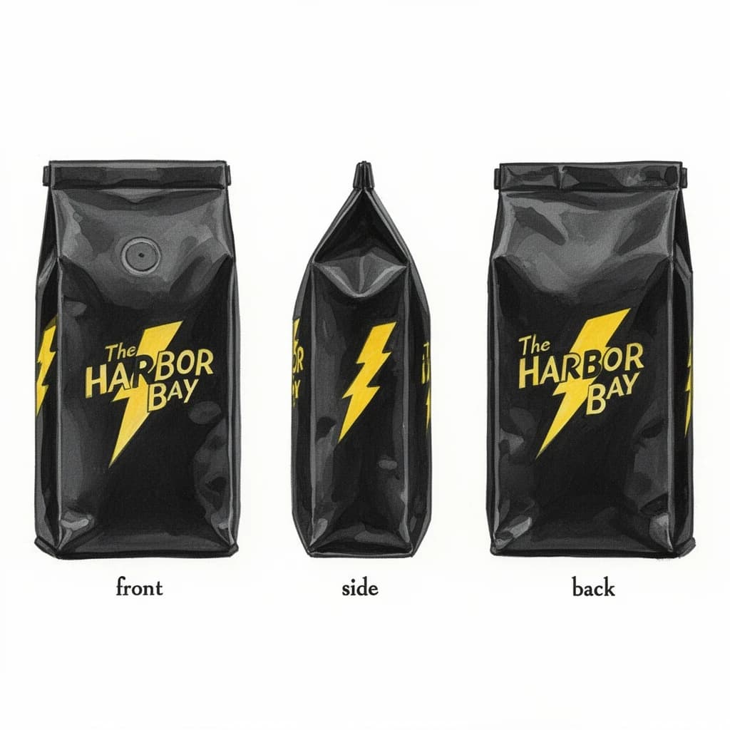 Gouache painting of the same coffee bag drawn in three views, captioned "front", "side" and "back", every view carrying the wordmark "The Harbor Bay" with a lightning-bolt symbol beside it in the same black-and-yellow coloring, only the angle changing.