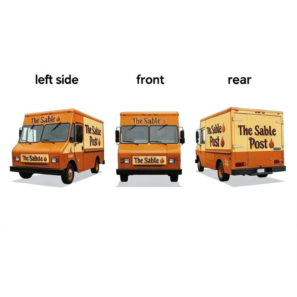 Printed poster: one food truck in three sides. The sides are captioned "left side", "front" and "rear" in that order. The wordmark "The Sable Post" appears on every side with a small flame icon beside it. The orange-and-brown coloring is the same across every side, and only the side changes.