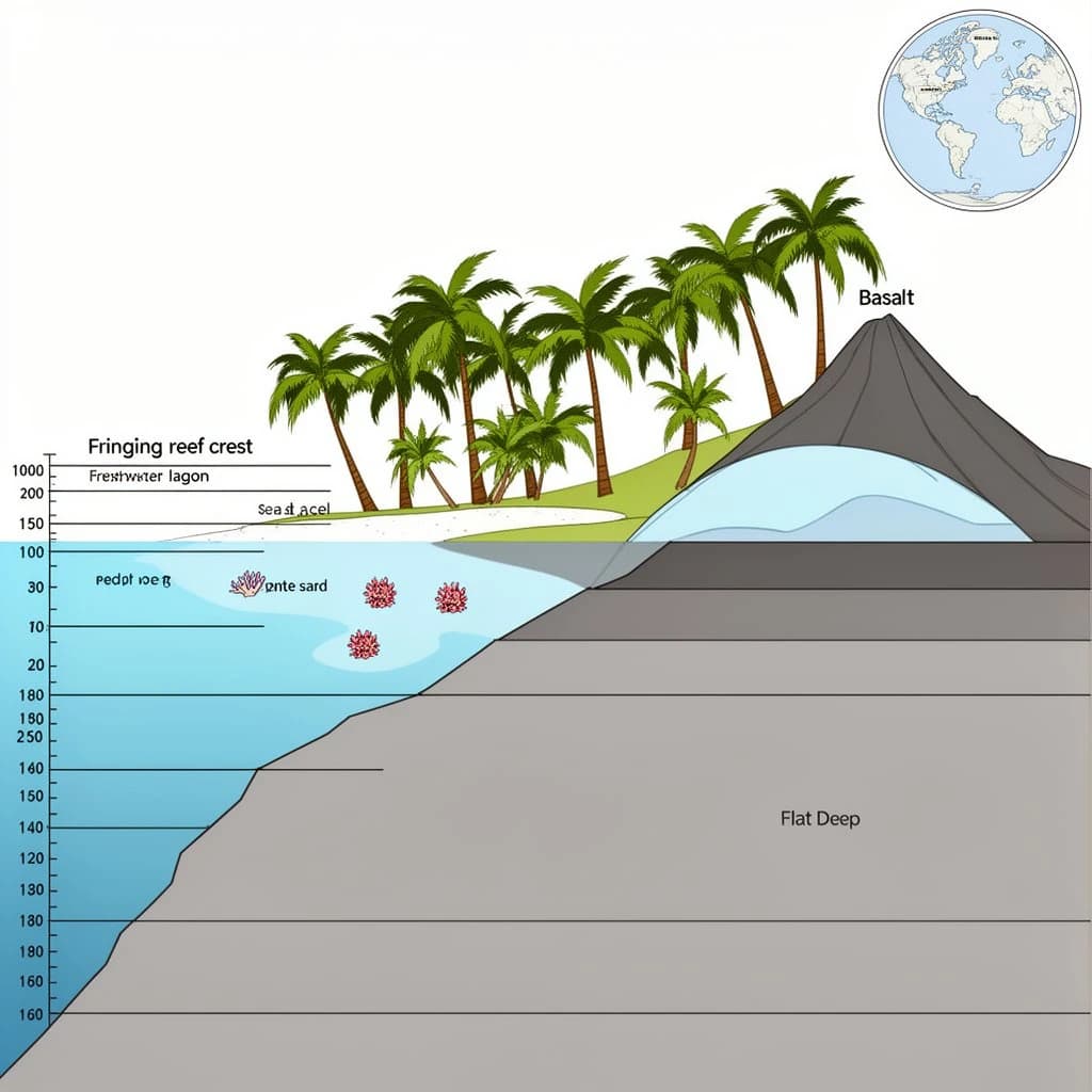 Cross section of a volcanic tropical island as a flat academic figure with clean colour blocks and a horizontal sea level line. Reading from the ocean on the left toward the right: a fringing reef crest, a shallow lagoon holding three coral heads, a white sand beach, a coconut palm belt of five trees, then a rising basalt cone with two lava layers picked out in darker grey, and a freshwater lens drawn as a pale blue dome under the middle of the island. Below sea level the flanks drop in three stepped terraces to a flat deep floor. Eight leader line labels, a depth scale down the left edge, and a small locator inset in the top right.