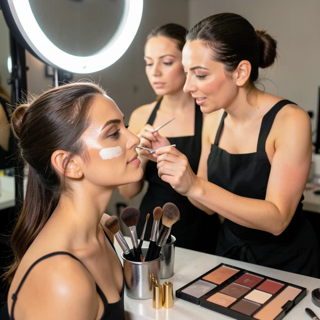 Fashion photograph at a backstage vanity lit by a ring light. A makeup artist in a black apron leans in from the right and blends cream blush into a seated model's cheekbone with her fingers, while a second artist standing behind them holds a lash tray in one hand and tweezers in the other, mid pick. On the counter between them: six brushes standing bristle up in a metal cup, three lipstick bullets lying in a row with their caps off beside them, and one open palette showing two used shades and four untouched. Warm skin tones, glossy highlights, shallow depth of field.