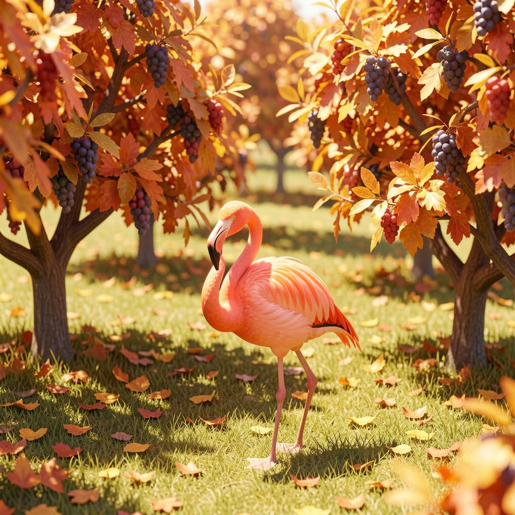 flamingo, autumn orchard, bright midday sun, telephoto compression, isometric 3D, subtle texture