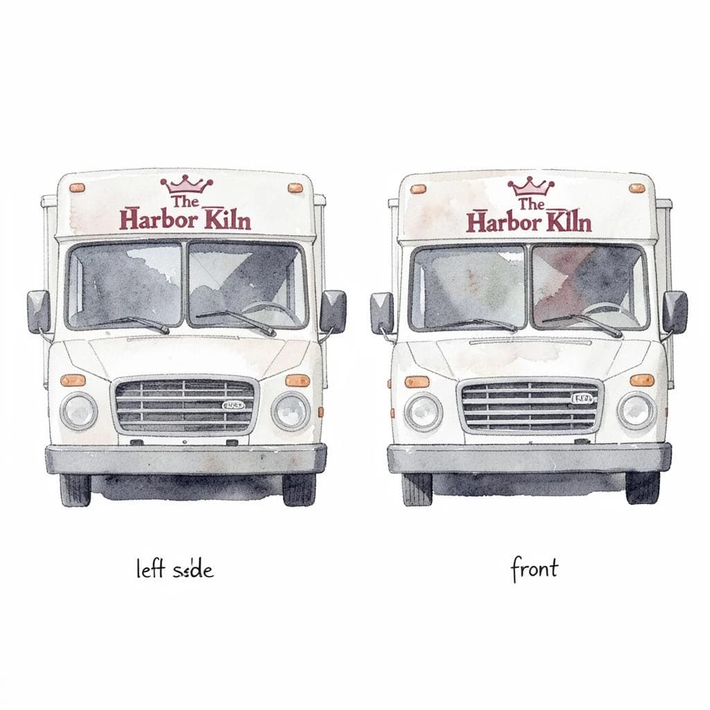 Watercolor of the same food truck drawn in two sides, captioned "left side" and "front", every side carrying the wordmark "The Harbor Kiln" with a simple crown outline beside it in the same maroon-and-gray coloring, only the side changing.