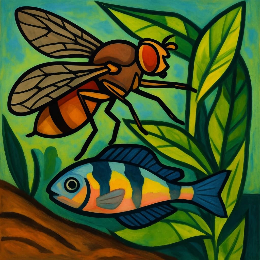 Dobson Fly and Topminnow in Kinshasa, DR Congo in the style of cubist
