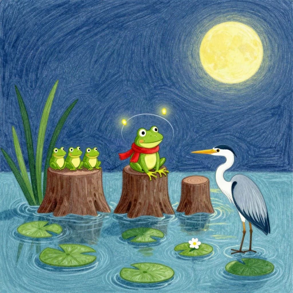 Story card in soft children's book illustration with crayon texture. A moonlit swamp with three cypress stumps in a row across the water. A small green frog in a red scarf sits on the middle stump. Two fireflies circle above his head while four more sit sleeping on the reeds to the left. A heron stands knee deep at the right edge, looking away from the frog. Nine lily pads float across the foreground, only one of them carrying a flower.