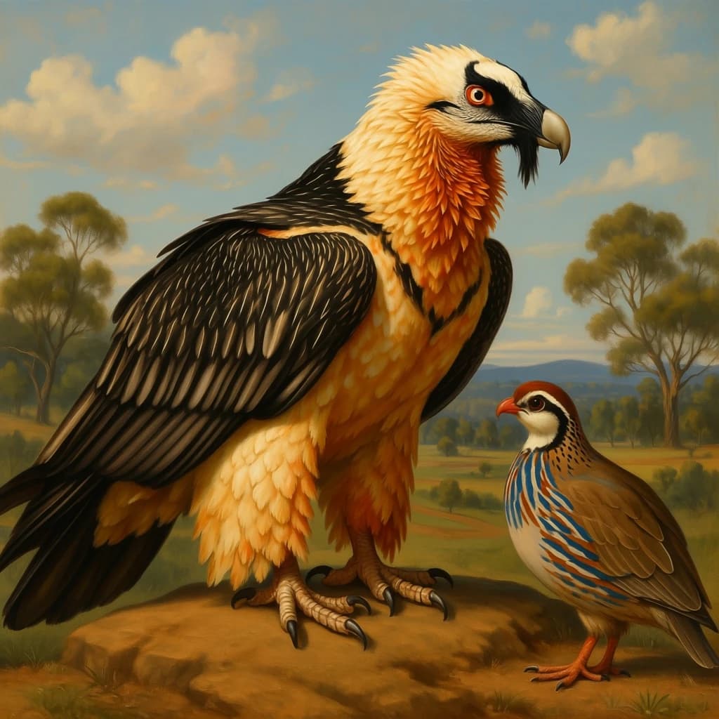 Bearded Vulture and Button Quail in Canberra, Australia in the style of neoclassical