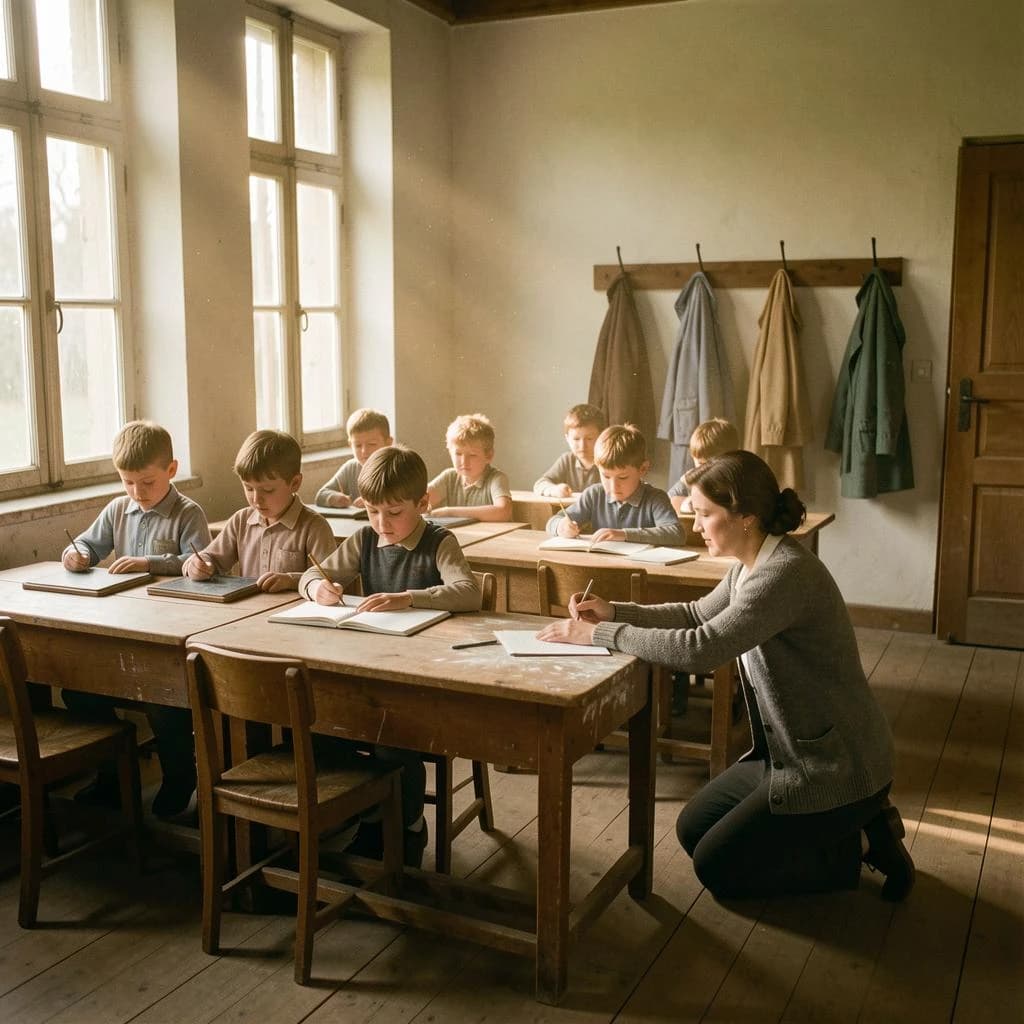 Documentary photograph inside a 1961 rural schoolhouse, late afternoon sun through tall windows. Twelve pupils at six shared wooden desks, two to a desk: the four in the window row copy from slates, the four in the middle row have open exercise books, the four along the back wall are turned around watching. The teacher, a woman in a grey cardigan with chalk dust on her sleeve, kneels beside the desk nearest the door, one hand steadying a boy's pencil. Four wall hooks behind her hold three coats, the middle hook bare. Warm dust in the light, fine grain, nobody posing.