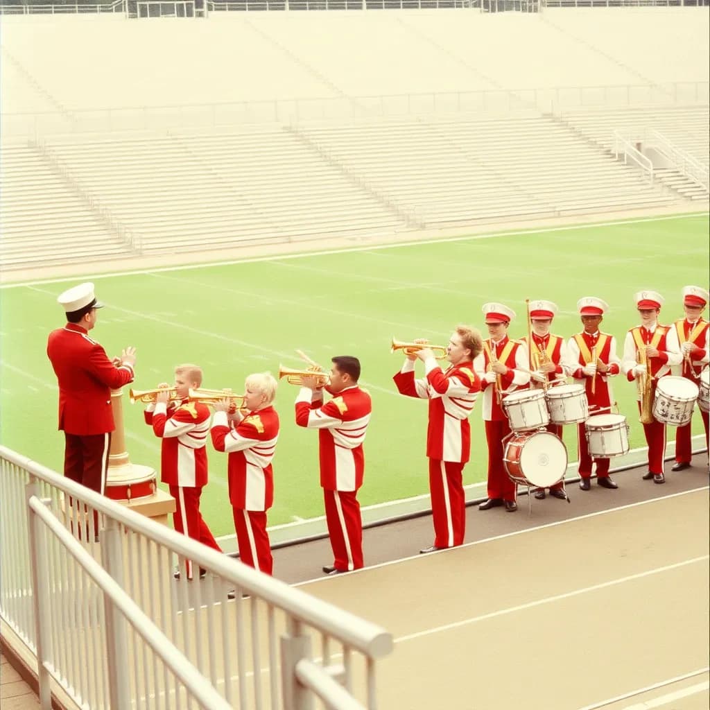 Nineteen seventies Kodachrome-era colour film look, faded warm grain and slight overexposure: a high school marching band seen from a stadium walkway. Front rank of five trumpet players in red and white uniforms, all with horns raised. Behind them three sousaphones in a triangle, the middle player caught mid turn. A line of four drummers to the right, the snare drummer nearest the camera mid stroke. A single drum major stands on a podium at the far left with his back to us, arms up. Empty green field behind them.