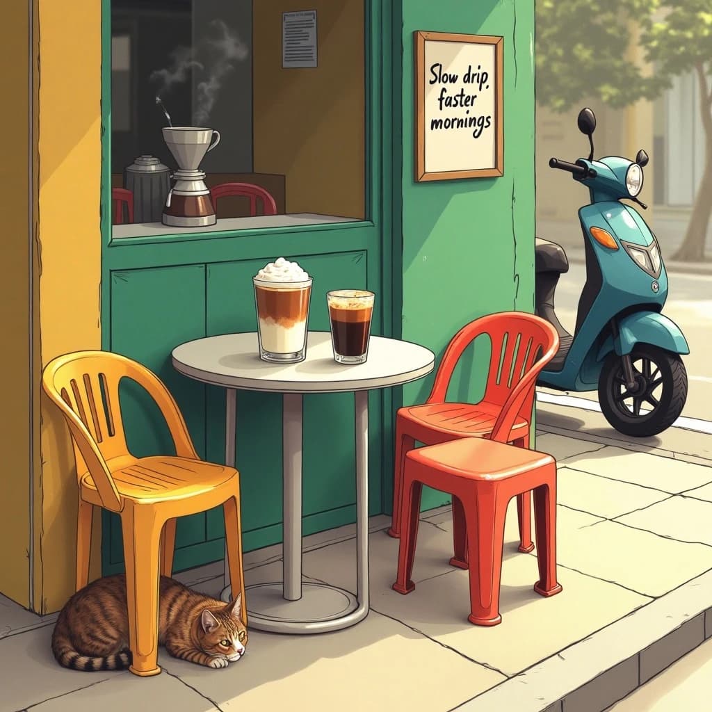 A frame from a hand drawn animated cel, inked outlines and flat gouache paint, warm morning light: a street cafe with four low plastic stools around a metal table. Three glasses of Vietnamese iced coffee sit on the table, two stirred through to caramel brown and one still black over an unmixed white layer of condensed milk. A metal phin filter drips into a fourth glass at the table edge. A cat sleeps under the stool nearest the kerb, and a scooter passes behind, cropped by the frame edge. Hand lettered sign on the wall: "Slow drip, faster mornings".