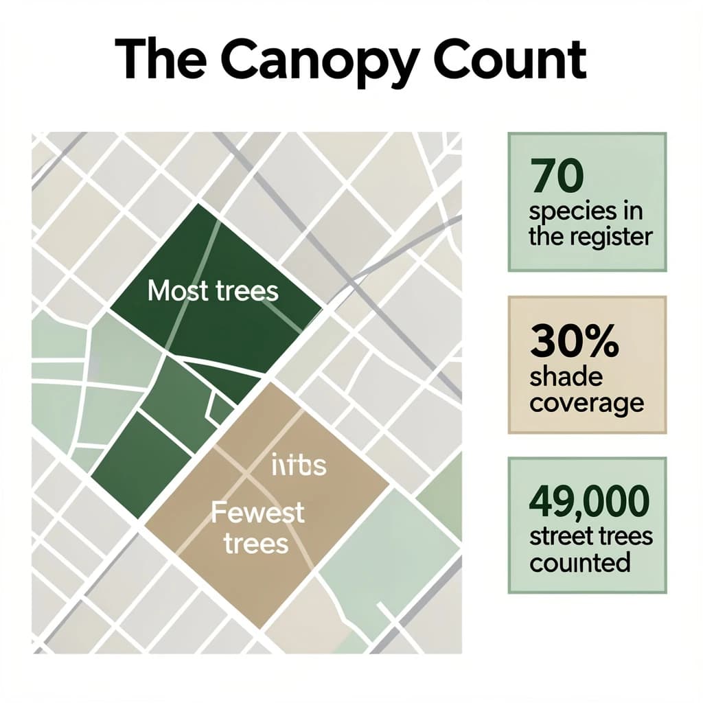 Flat infographic titled "The Canopy Count": at the center a simplified street map with shaded districts, carrying two keyed regions, "Most trees" shaded dark green and "Fewest trees" shaded tan, beside a right column of three stat chips reading "70 species in the register", "30% shade coverage" and "49,000 street trees counted".