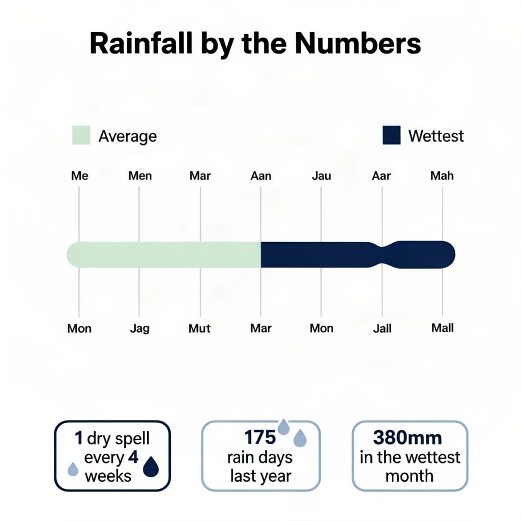 Flat infographic titled "Rainfall by the Numbers": at the center a twelve-month rainfall timeline, carrying two keyed regions, "Average" shaded pale green and "Wettest" shaded dark blue, beside a bottom row of three stat chips reading "1 dry spell every 4 weeks", "175 rain days last year" and "380mm in the wettest month".