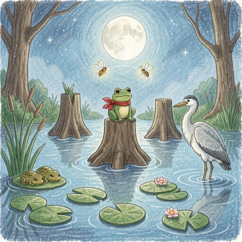 Story card in soft children's book illustration with crayon texture. A moonlit swamp with three cypress stumps in a row across the water. A small green frog in a red scarf sits on the middle stump. Two fireflies circle above his head while four more sit sleeping on the reeds to the left. A heron stands knee deep at the right edge, looking away from the frog. Nine lily pads float across the foreground, only one of them carrying a flower.