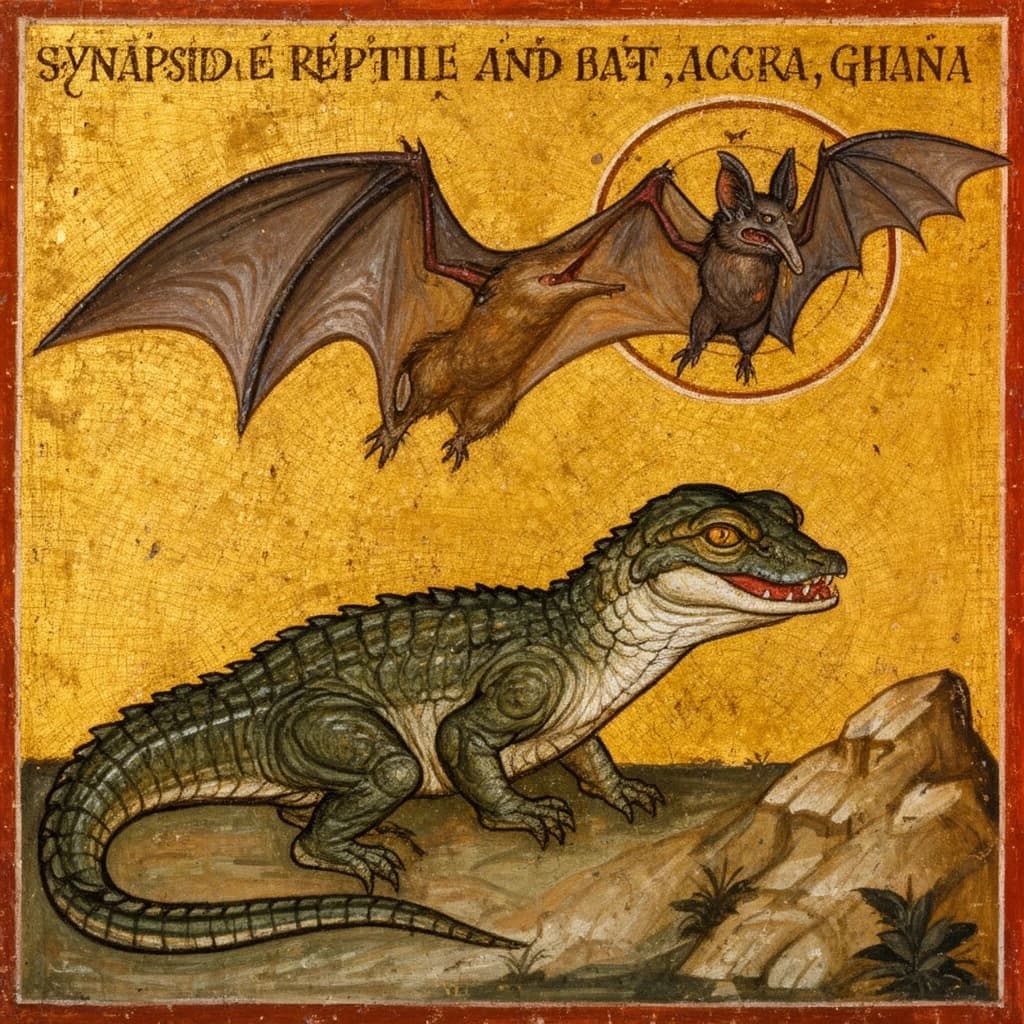 Synapsid Reptile and Bat in Accra, Ghana in the style of byzantine