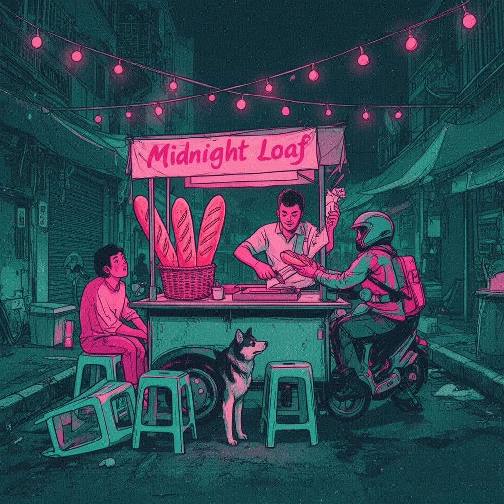 Two-color risograph print key art in fluorescent pink and teal with visible misregistration and paper grain, for a street food courier game. A night market alley: the banh mi cart at center with three baguettes standing upright in a basket and two more being sliced by the vendor, who hands one wrapped sandwich down to a courier straddling a scooter. Four plastic stools in front of the cart, three occupied and the one nearest the gutter tipped over. Two strings of bulbs cross overhead. A dog waits under the cart axle. The stall banner reads "Midnight Loaf".