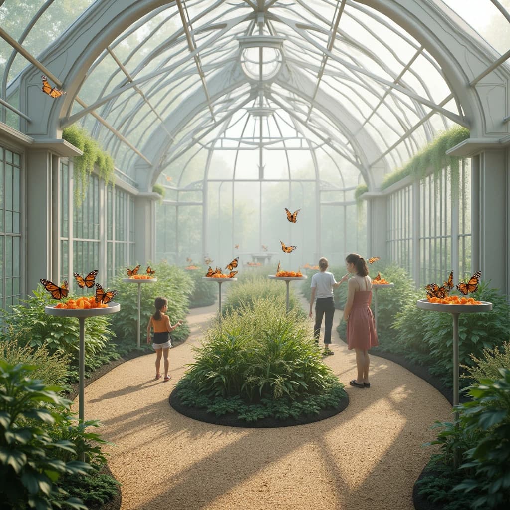 Interior render of a glasshouse butterfly conservatory, white cast iron arches and misted glass, humid morning light.
A raised planting bed spirals through the centre with a gravel path running around it. Five feeding stations on slim posts stand along the path, each holding a shallow dish of orange slices: monarch butterflies cluster on three of the dishes while two are untouched. Seven more monarchs rest on the milkweed in the bed and two are in flight above the path. Three visitors in the room, a child crouching at the nearest feeding station, an adult behind her pointing upward, and a guide standing at the far end beside an information board. Fine mist drifting near the roof vents. Physically based render.