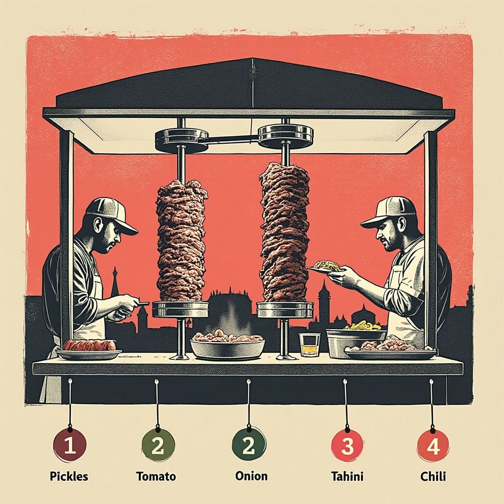 Editorial halftone print diagram of a street shawarma stall at dusk, printed in charcoal, warm red and cream dots. Two vertical spits stand side by side behind the counter, chicken on the left and lamb on the right, the lamb cone noticeably wider. One cook shaves meat from the lamb into a tray while a second cook passes a wrapped sandwich across the counter to a customer. Five garnish bins run along the counter labelled "Pickles", "Tomato", "Onion", "Tahini", "Chilli", with numbered callouts one to five pointing at them.