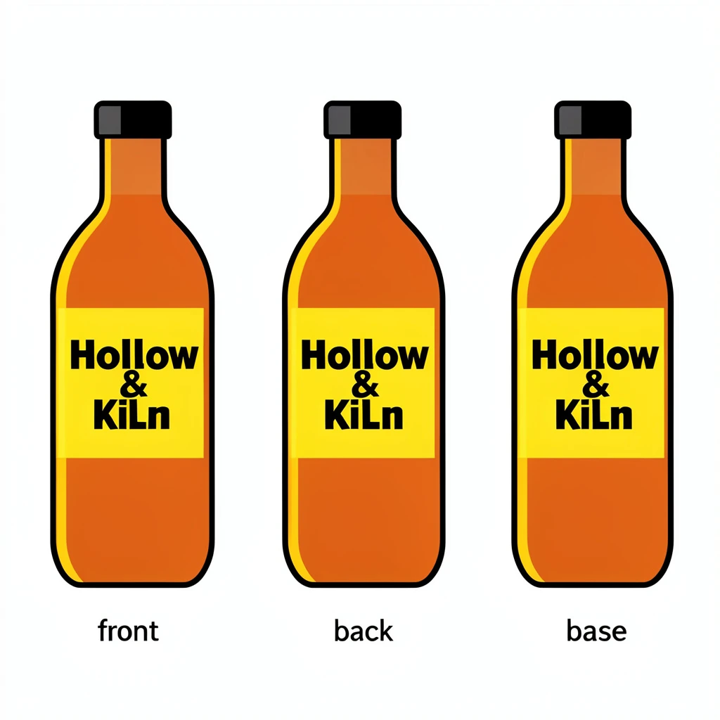 Flat vector illustration of the same hot-sauce bottle drawn in three views, captioned "front", "back" and "base", every view carrying the wordmark "Hollow & Kiln" in the same black-and-yellow coloring, only the angle changing.