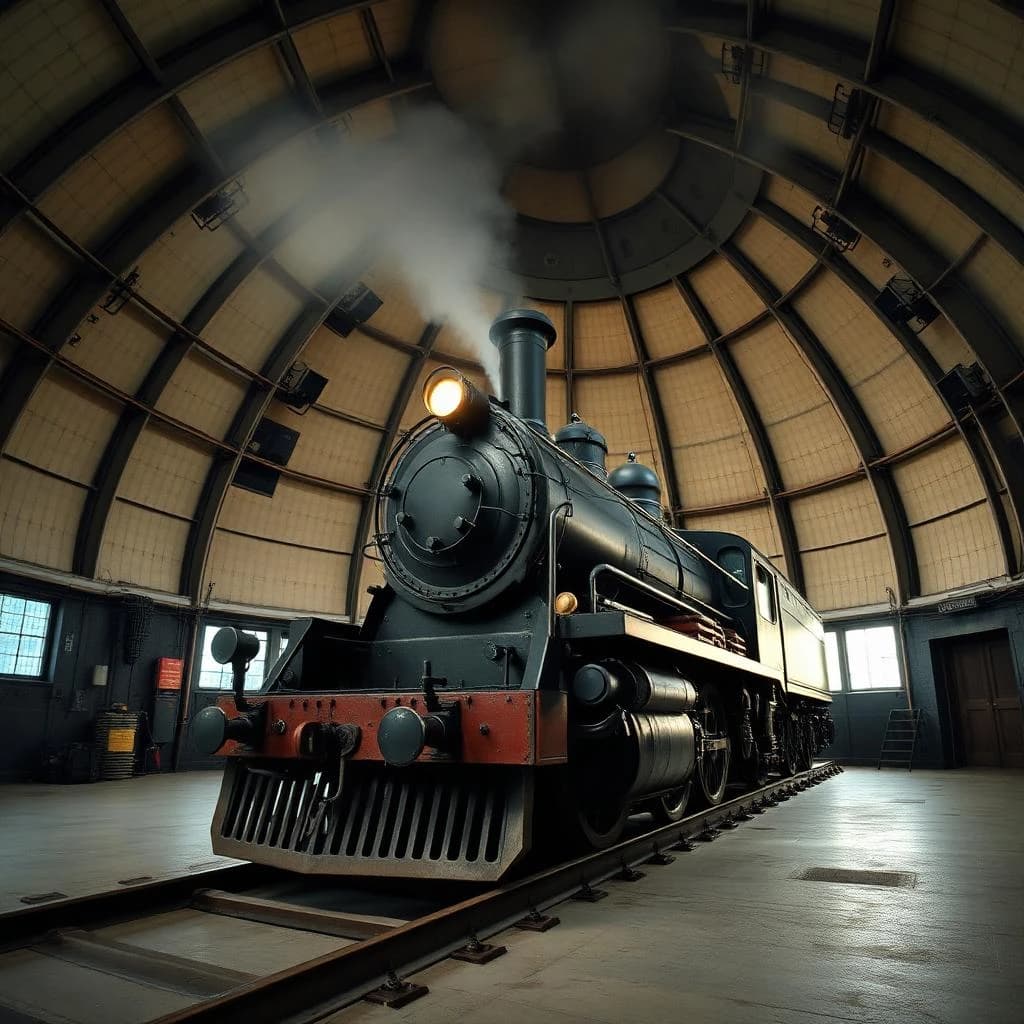 85mm f/2.8 full-length framing of a steam locomotive inside an observatory dome, side-lit, soft falloff at the edges, medium-format look