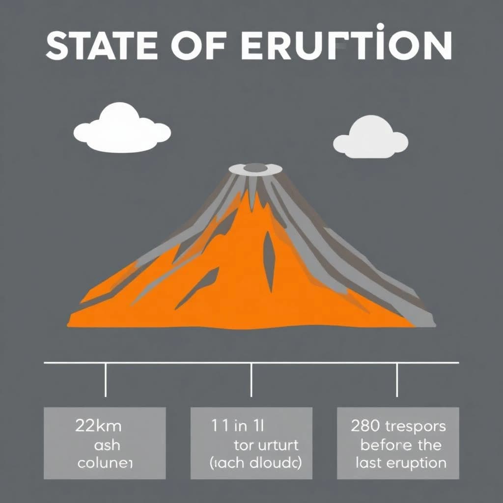 Flat infographic titled "State of Eruption". A simplified hazard map of the slopes sits at the center, carrying two keyed regions, "Magma chamber" shaded orange and "Ash cloud" shaded gray. Three stat chips run down a bottom row, reading "12km ash column", "1 in 11 erupt each decade" and "280 tremors before the last eruption". Each key color matches the shading of the region it names.