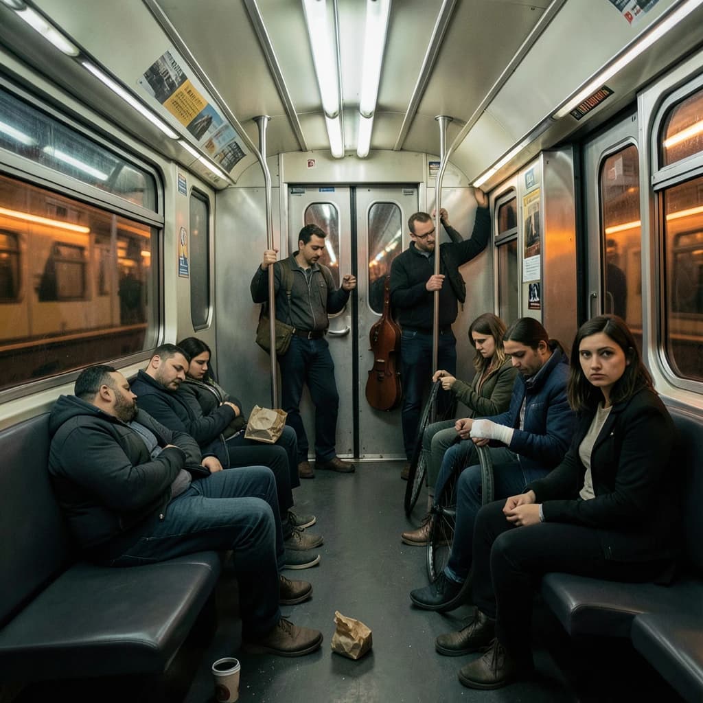Cinematic photograph inside a late night subway car, handheld, lit only by flickering ceiling strips and orange platform light sliding past the windows. Nine passengers down the car: the three on the left bench all sleep with heads tipped at different angles, the four on the right bench are awake, one folding a paper bag, one holding a bike wheel upright between his knees, one wrapping her own wrist in tape, one staring straight into the lens. Two more stand at the far doors gripping the same pole with a violin case wedged between them. An empty seat beside the nearest sleeper, a coffee cup rolling under it.