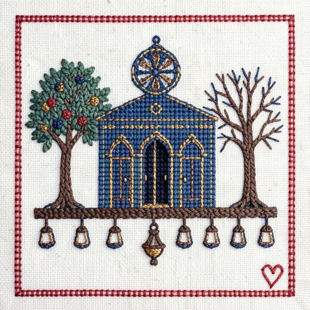 Pin stitched as a cross stitch sampler on natural linen, chunky visible stitches. Center: a synagogue front elevation in deep blue and gold thread, a rose window above three arched doors, the middle door taller and standing open while the two outer doors are closed. Two stitched olive trees flank the building, the left one heavy with fruit and the right one bare. Along the bottom, nine stitched lamps hang from a stitched beam with the middle lamp hanging lower than the rest. A narrow pomegranate border runs all the way around, with a small stitched heart in the bottom right corner.