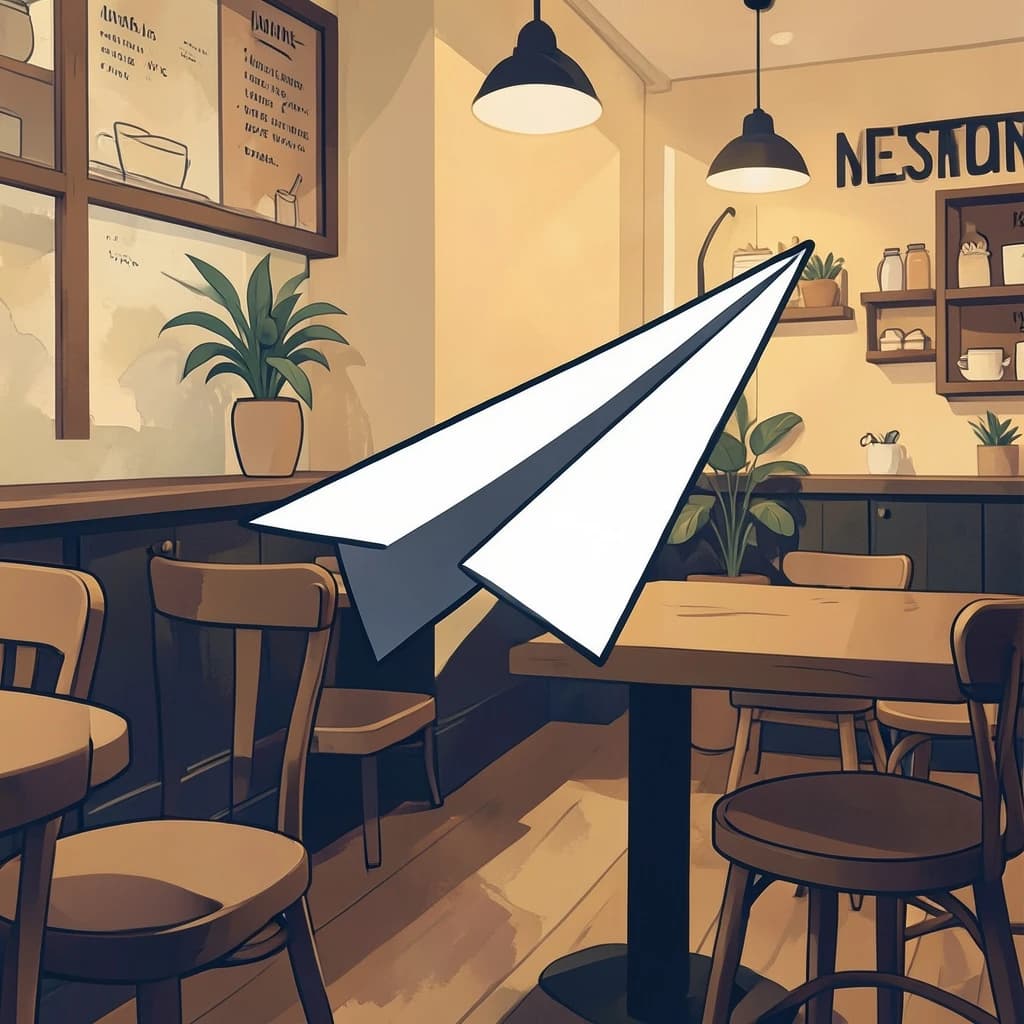 Silkscreen print of a paper airplane inside a cozy cafe, layered wash, smooth vector finish, split-complementary palette.