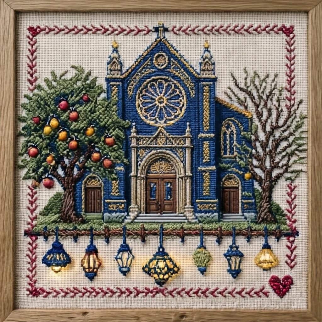 Pin stitched as a cross stitch sampler on natural linen, chunky visible stitches. Center: a synagogue front elevation in deep blue and gold thread, a rose window above three arched doors, the middle door taller and standing open while the two outer doors are closed. Two stitched olive trees flank the building, the left one heavy with fruit and the right one bare. Along the bottom, nine stitched lamps hang from a stitched beam with the middle lamp hanging lower than the rest. A narrow pomegranate border runs all the way around, with a small stitched heart in the bottom right corner.