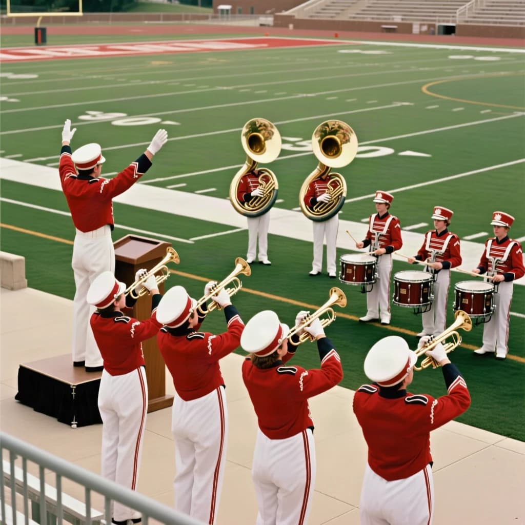Nineteen seventies Kodachrome-era colour film look, faded warm grain and slight overexposure: a high school marching band seen from a stadium walkway. Front rank of five trumpet players in red and white uniforms, all with horns raised. Behind them three sousaphones in a triangle, the middle player caught mid turn. A line of four drummers to the right, the snare drummer nearest the camera mid stroke. A single drum major stands on a podium at the far left with his back to us, arms up. Empty green field behind them.