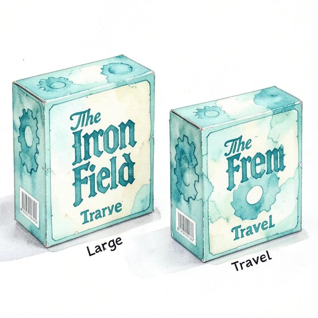 Watercolor: one board-game box in two editions. The editions are captioned "Large" and "Travel" in that order. The wordmark "The Iron Field" appears on every edition with a six-tooth gear mark beside it. The teal-and-cream coloring is the same across every edition, and only the box size changes.