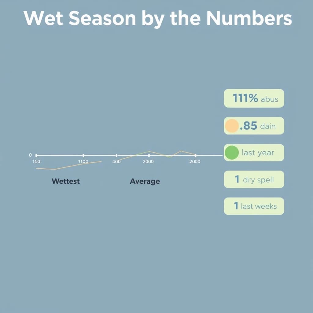 Flat vector illustration titled "Wet Season by the Numbers". A twelve-month rainfall timeline sits at the center, carrying three keyed regions, "Wettest" shaded dark blue, "Average" shaded pale green and "Driest" shaded sand. Three stat chips run down a right column, reading "16% above the ten-year mean", "85 rain days last year" and "1 dry spell every 6 weeks". Each key color matches the shading of the region it names.