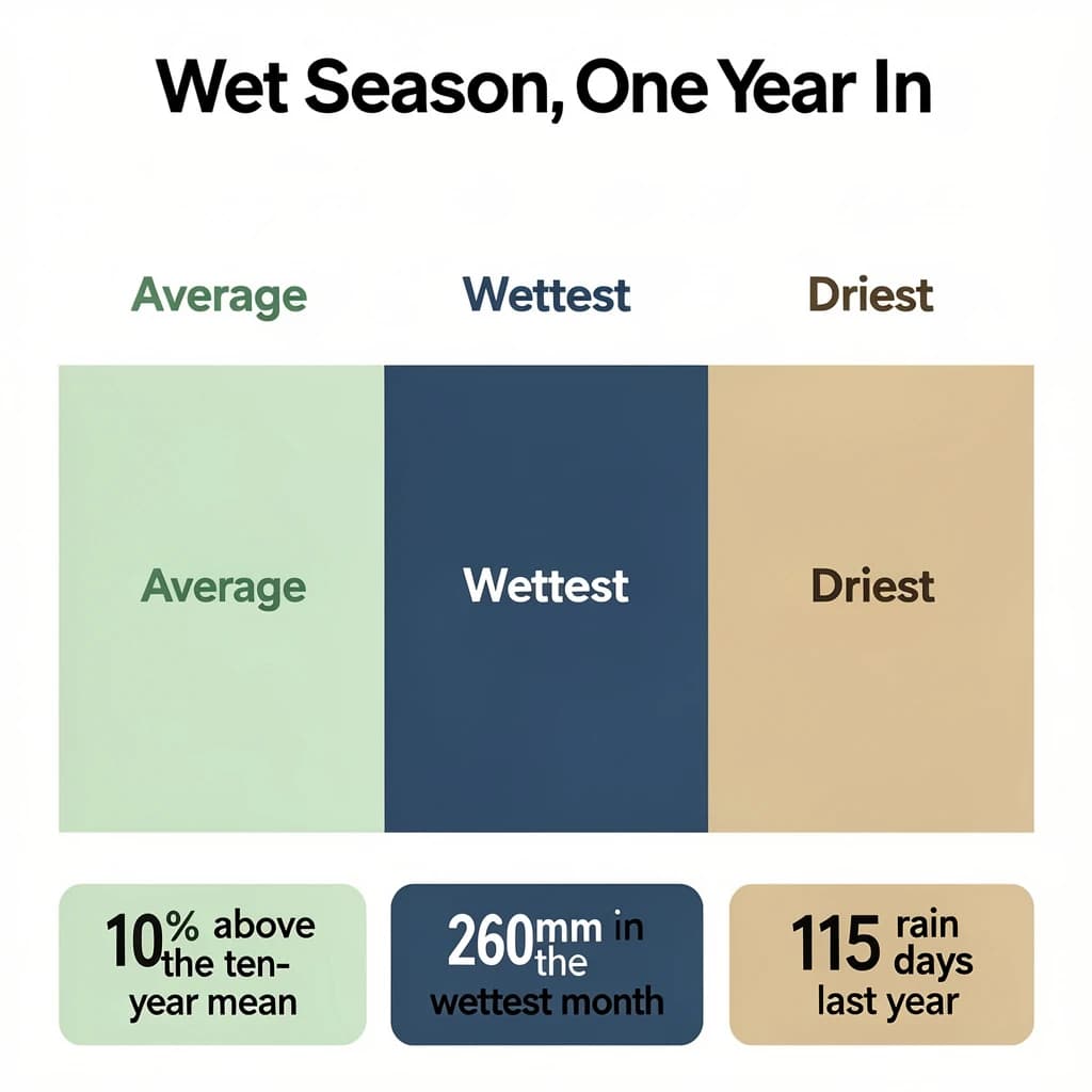 Flat vector illustration titled "Wet Season, One Year In". A twelve-month rainfall timeline sits at the center, carrying three keyed regions, "Average" shaded pale green, "Wettest" shaded dark blue and "Driest" shaded sand. Three stat chips run down a bottom row, reading "10% above the ten-year mean", "260mm in the wettest month" and "115 rain days last year". Each key color matches the shading of the region it names.