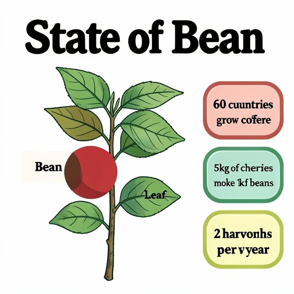 Printed poster titled "State of Bean": at the center a labeled coffee-plant diagram, carrying three keyed regions, "Bean" shaded brown, "Cherry" shaded red and "Leaf" shaded green, beside a right column of three stat chips reading "60 countries grow coffee", "5kg of cherries make 1kg of beans" and "2 harvests per year".