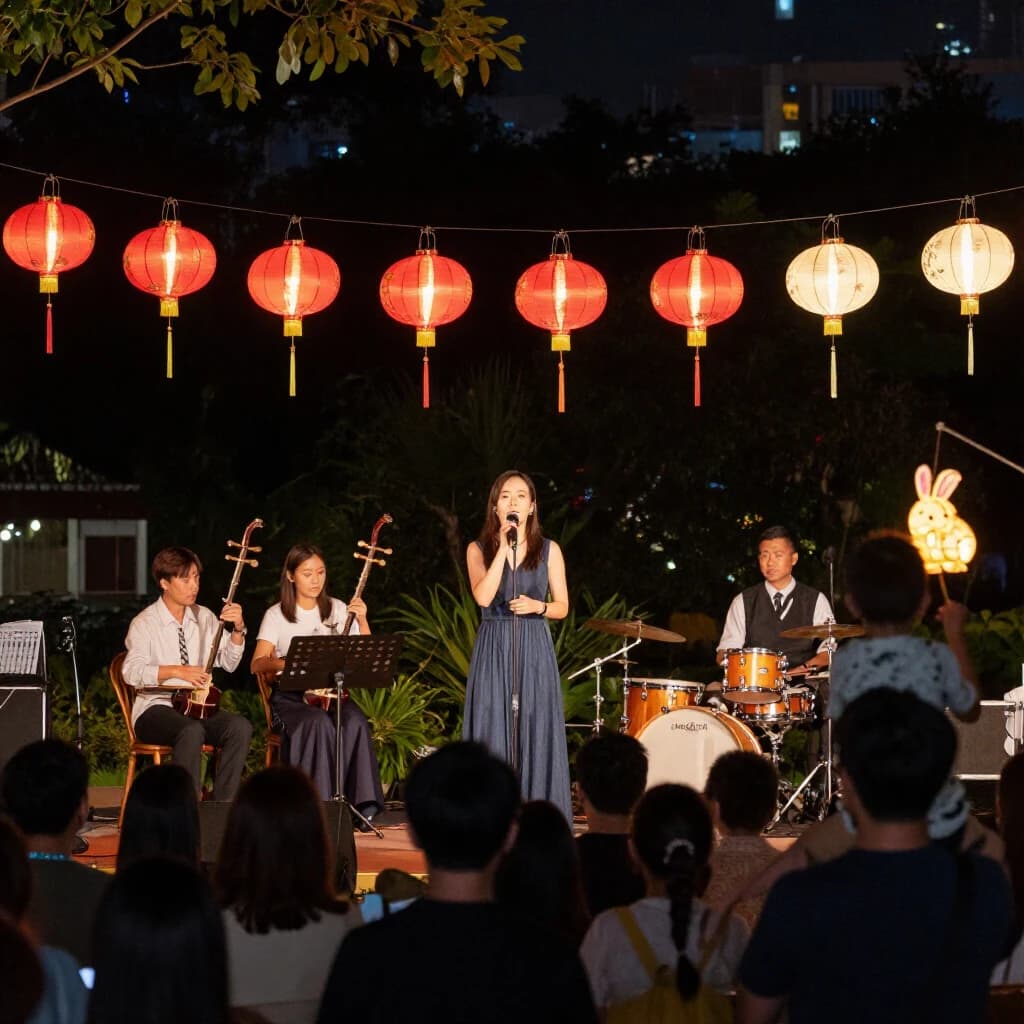 Concert photography, a Mid-Autumn Festival night in a Hong Kong park, shot from inside the crowd toward a low stage lit by warm floods. A singer at the centre microphone holds a note with both hands off the stand; on her left two erhu players sit side by side, on her right a single drummer stands. Eleven paper lanterns hang above the stage, the seven red ones strung in a line and the four white ones clustered at the right end. In the near foreground, out of focus, a child on a father's shoulders holds a rabbit lantern.