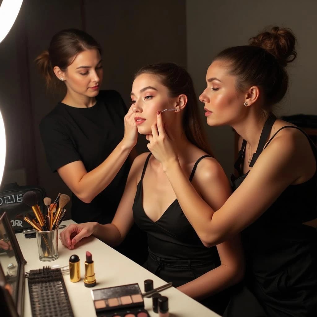Fashion photograph at a backstage vanity lit by a ring light. A makeup artist in a black apron leans in from the right and blends cream blush into a seated model's cheekbone with her fingers, while a second artist standing behind them holds a lash tray in one hand and tweezers in the other, mid pick. On the counter between them: six brushes standing bristle up in a metal cup, three lipstick bullets lying in a row with their caps off beside them, and one open palette showing two used shades and four untouched. Warm skin tones, glossy highlights, shallow depth of field.