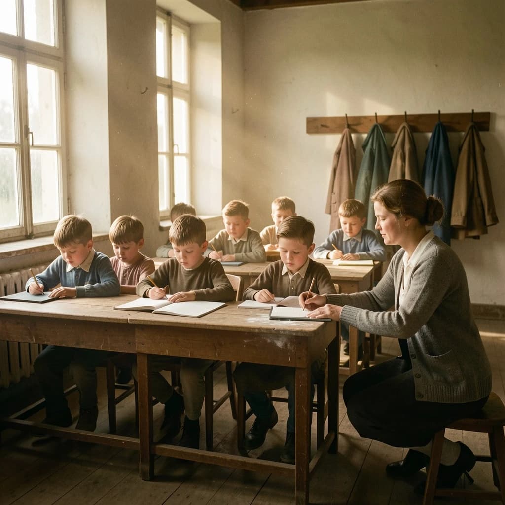 Documentary photograph inside a 1961 rural schoolhouse, late afternoon sun through tall windows. Twelve pupils at six shared wooden desks, two to a desk: the four in the window row copy from slates, the four in the middle row have open exercise books, the four along the back wall are turned around watching. The teacher, a woman in a grey cardigan with chalk dust on her sleeve, kneels beside the desk nearest the door, one hand steadying a boy's pencil. Four wall hooks behind her hold three coats, the middle hook bare. Warm dust in the light, fine grain, nobody posing.