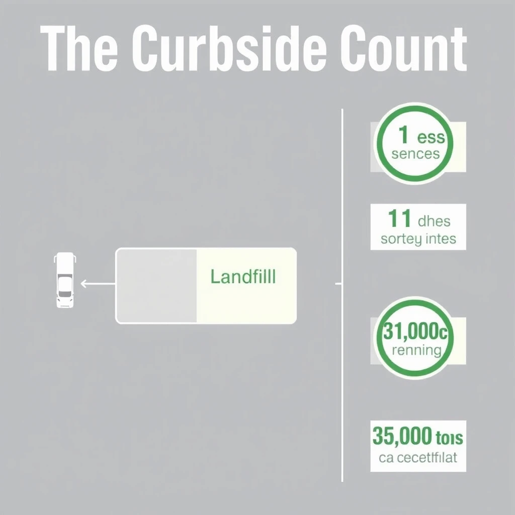 Printed poster titled "The Curbside Count": at the center a flow chart from curb to sorting floor, carrying two keyed regions, "Glass" shaded green and "Landfill" shaded gray, beside a right column of three stat chips reading "1 truck every 15 minutes", "11 sorting lines running" and "35,000 tons collected last year".