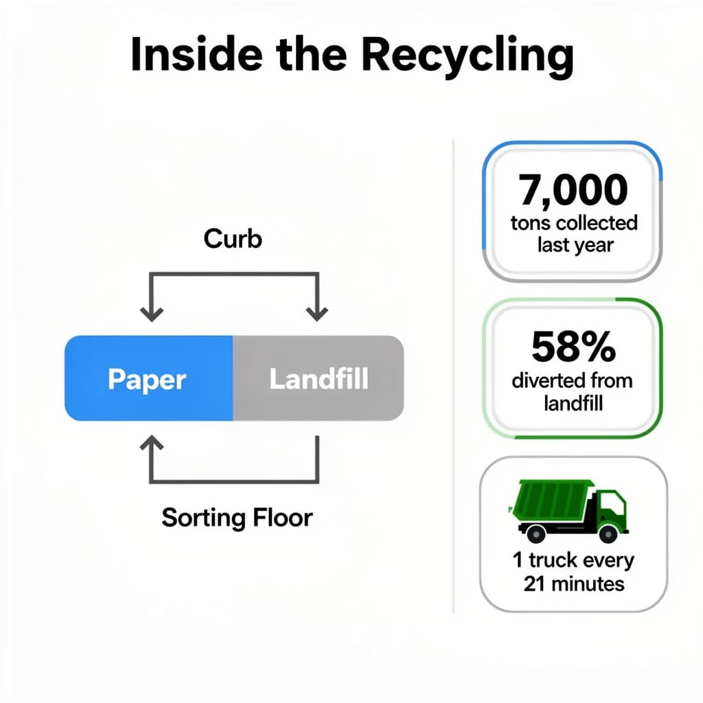 Flat infographic titled "Inside the Recycling": at the center a flow chart from curb to sorting floor, carrying two keyed regions, "Paper" shaded blue and "Landfill" shaded gray, beside a right column of three stat chips reading "7,000 tons collected last year", "58% diverted from landfill" and "1 truck every 21 minutes".