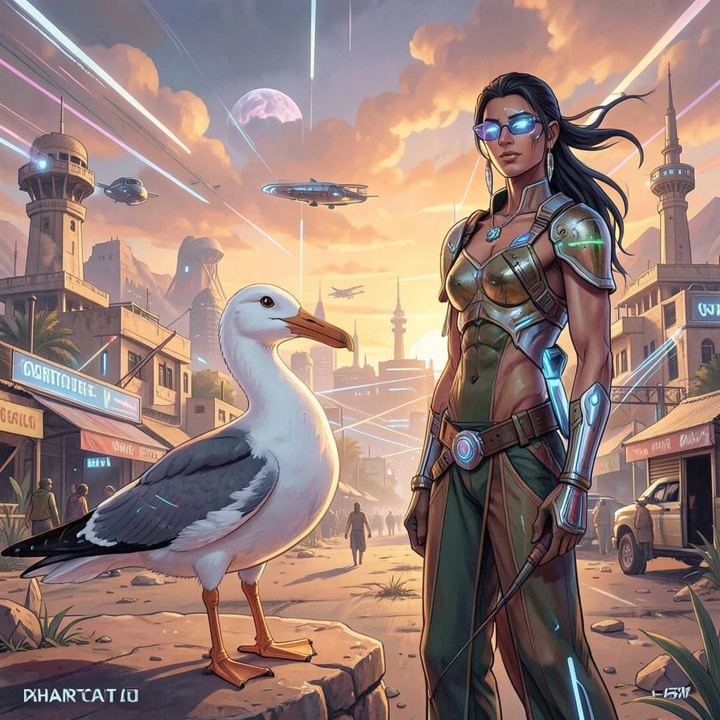 Seagull and Odonate in Khartoum, Sudan in the style of futurism