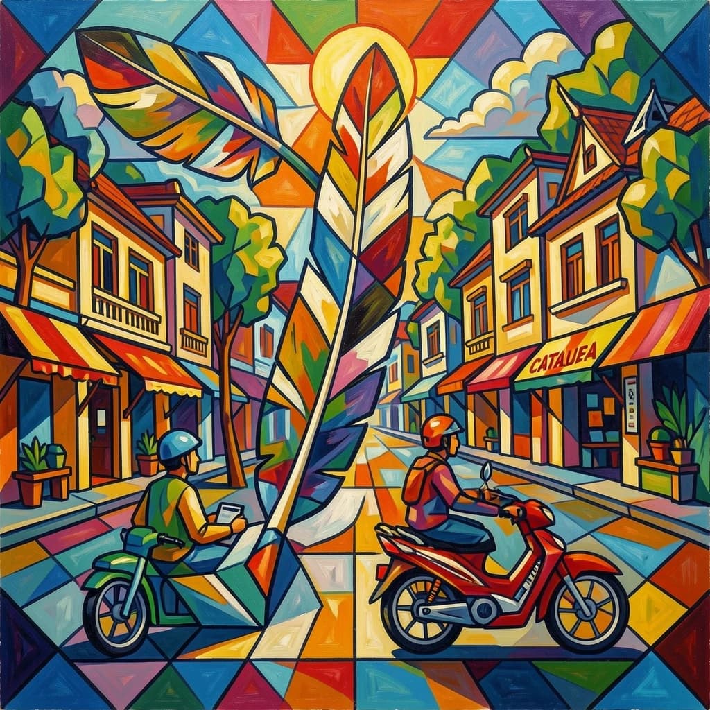 Flight Feather and Catalufa in Hanoi, Vietnam in the style of cubist
