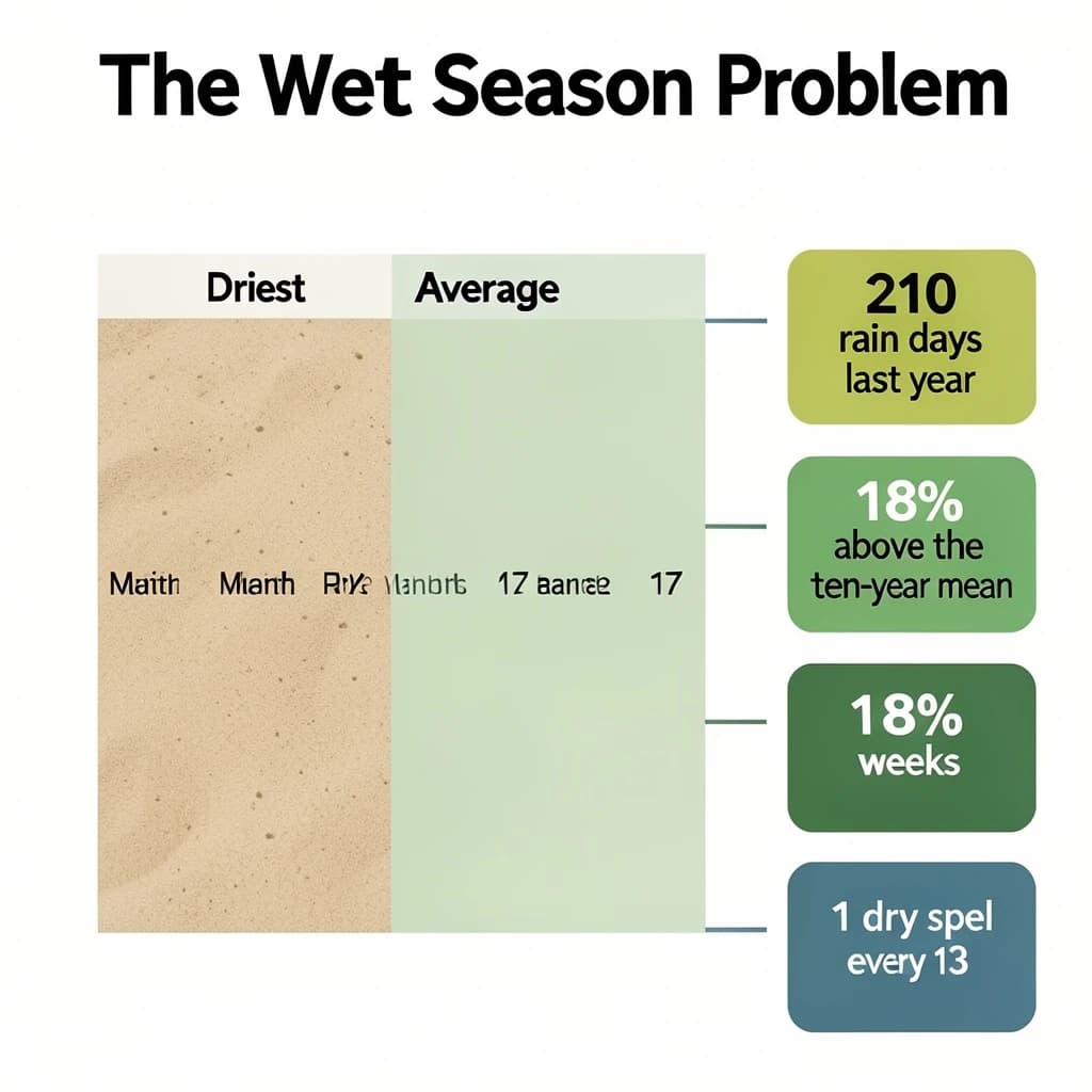 Printed poster titled "The Wet Season Problem". A twelve-month rainfall timeline sits at the center, carrying two keyed regions, "Driest" shaded sand and "Average" shaded pale green. Three stat chips run down a right column, reading "210 rain days last year", "18% above the ten-year mean" and "1 dry spell every 13 weeks". Each key color matches the shading of the region it names.