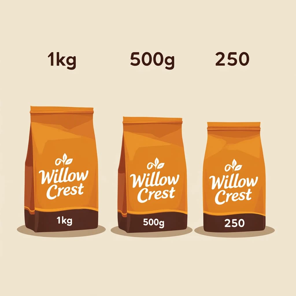 Flat vector illustration of the same coffee bag drawn in three sizes, captioned "1kg", "500g" and "250g", every size carrying the wordmark "The Willow Crest" in the same orange-and-brown coloring, only the bag size changing.