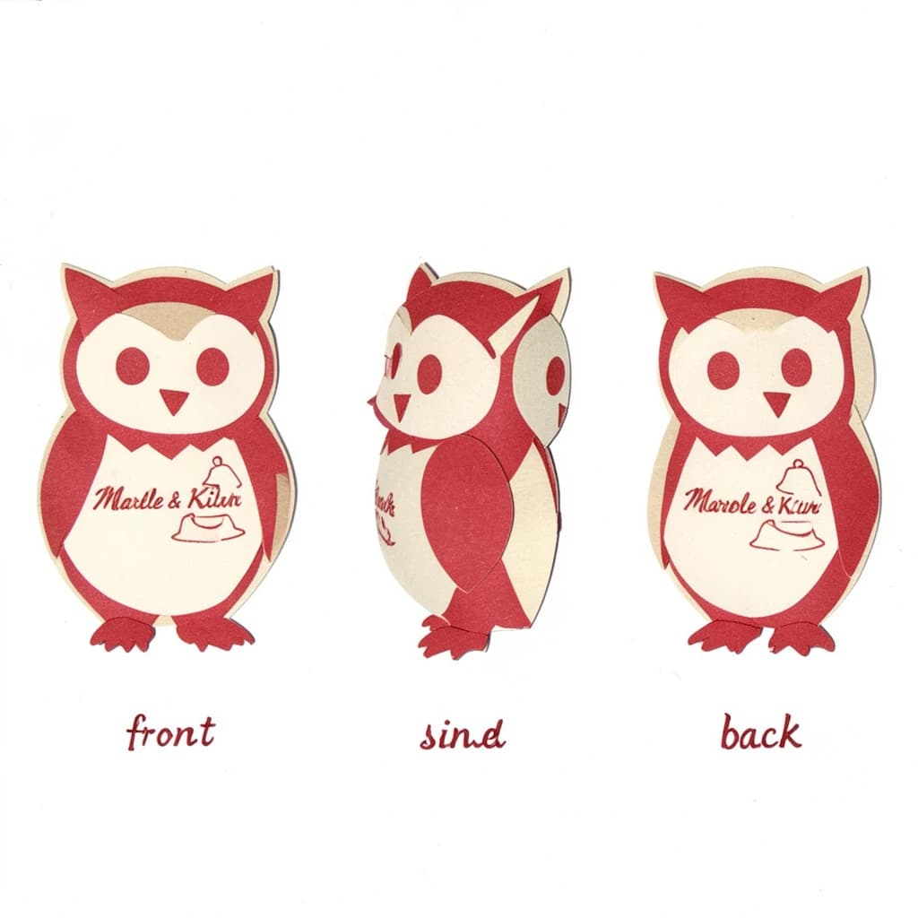 Cut-paper collage of the same bookstore owl mascot drawn in three views, captioned "front", "side" and "back", every view carrying the wordmark "Marble & Kiln" with a small bell outline beside it in the same red-and-cream coloring, only the angle changing.