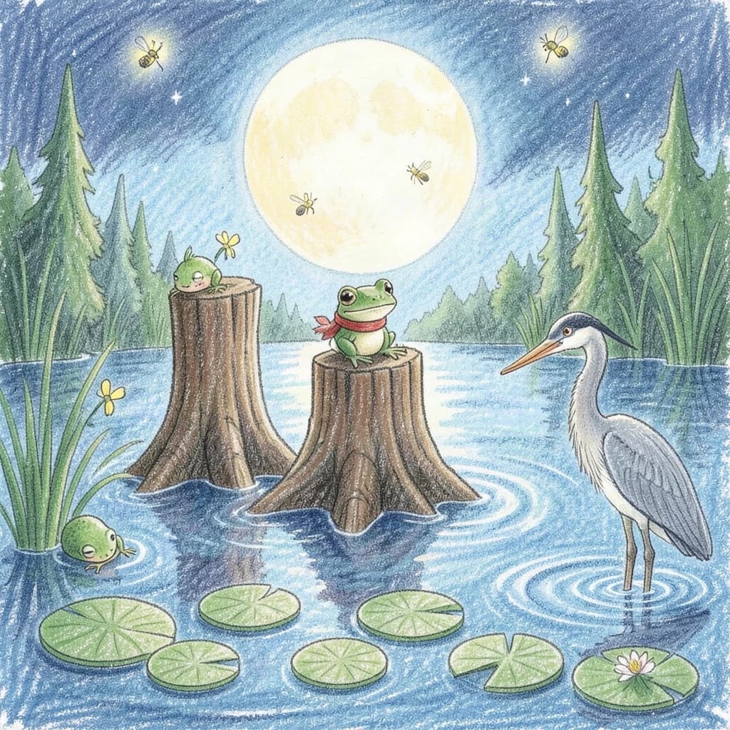 Story card in soft children's book illustration with crayon texture. A moonlit swamp with three cypress stumps in a row across the water. A small green frog in a red scarf sits on the middle stump. Two fireflies circle above his head while four more sit sleeping on the reeds to the left. A heron stands knee deep at the right edge, looking away from the frog. Nine lily pads float across the foreground, only one of them carrying a flower.