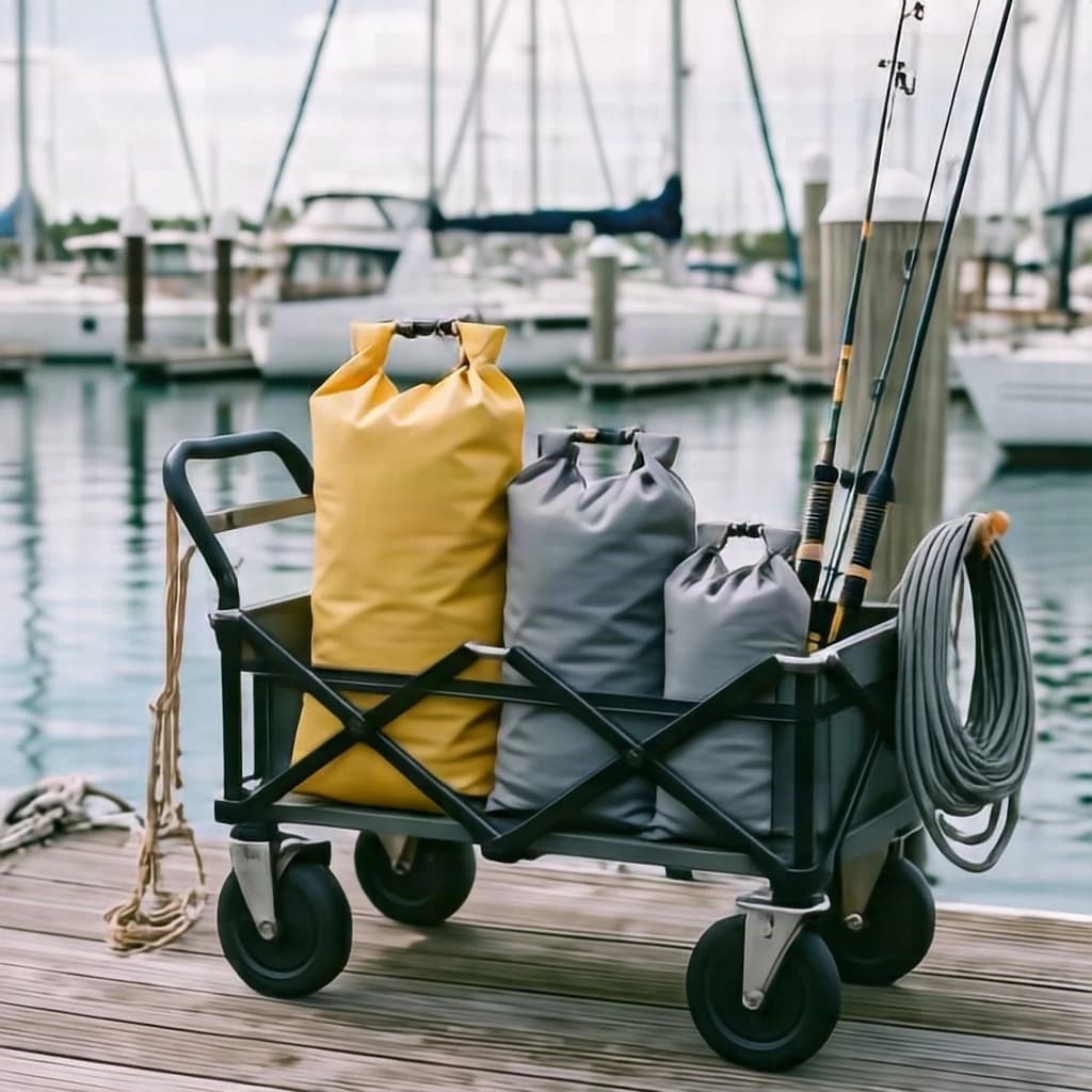 Lifestyle listing photo on a marina dock: a folding dock cart holding three dry bags, the largest yellow and the two smaller ones grey, two fishing rods leaning against the handle, and one coiled dock line hanging from the front rail. Masts blurred behind.