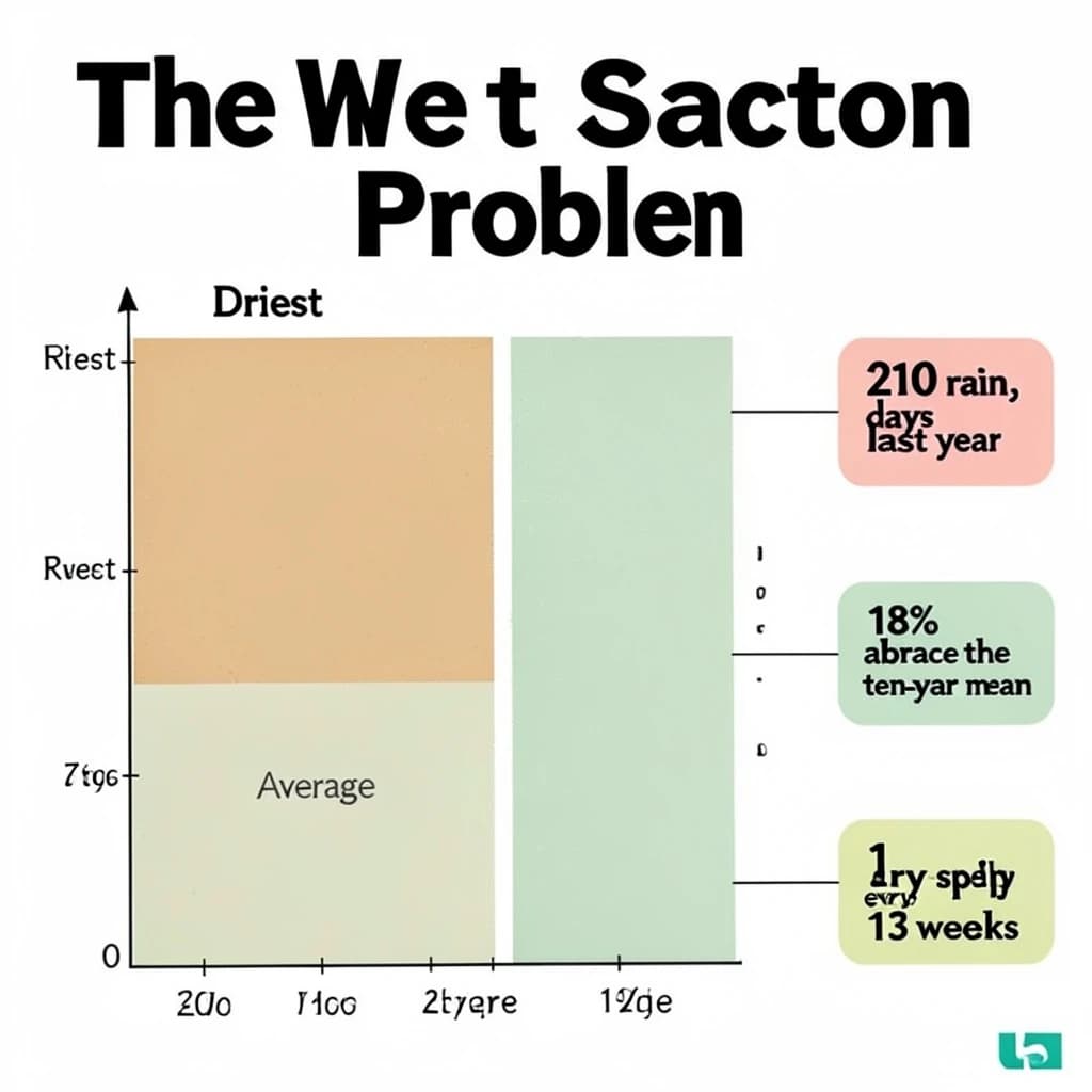 Printed poster titled "The Wet Season Problem". A twelve-month rainfall timeline sits at the center, carrying two keyed regions, "Driest" shaded sand and "Average" shaded pale green. Three stat chips run down a right column, reading "210 rain days last year", "18% above the ten-year mean" and "1 dry spell every 13 weeks". Each key color matches the shading of the region it names.