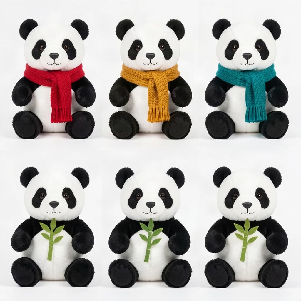 Studio product photography, plain white variant grid: six panda plushes in two rows of three, all seated facing camera. The top row wears knit scarves in red, mustard and teal. The bottom three wear no scarves, each holding a small felt bamboo shoot.