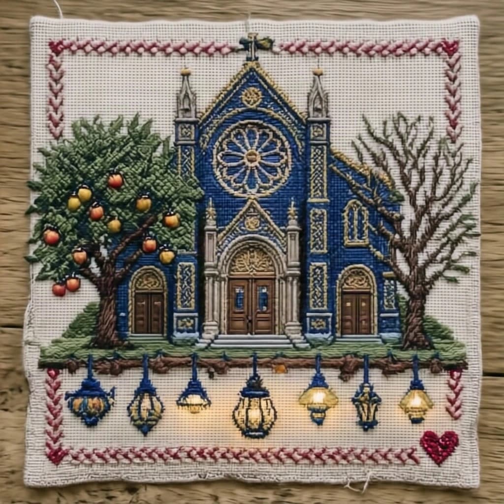 Pin stitched as a cross stitch sampler on natural linen, chunky visible stitches. Center: a synagogue front elevation in deep blue and gold thread, a rose window above three arched doors, the middle door taller and standing open while the two outer doors are closed. Two stitched olive trees flank the building, the left one heavy with fruit and the right one bare. Along the bottom, nine stitched lamps hang from a stitched beam with the middle lamp hanging lower than the rest. A narrow pomegranate border runs all the way around, with a small stitched heart in the bottom right corner.