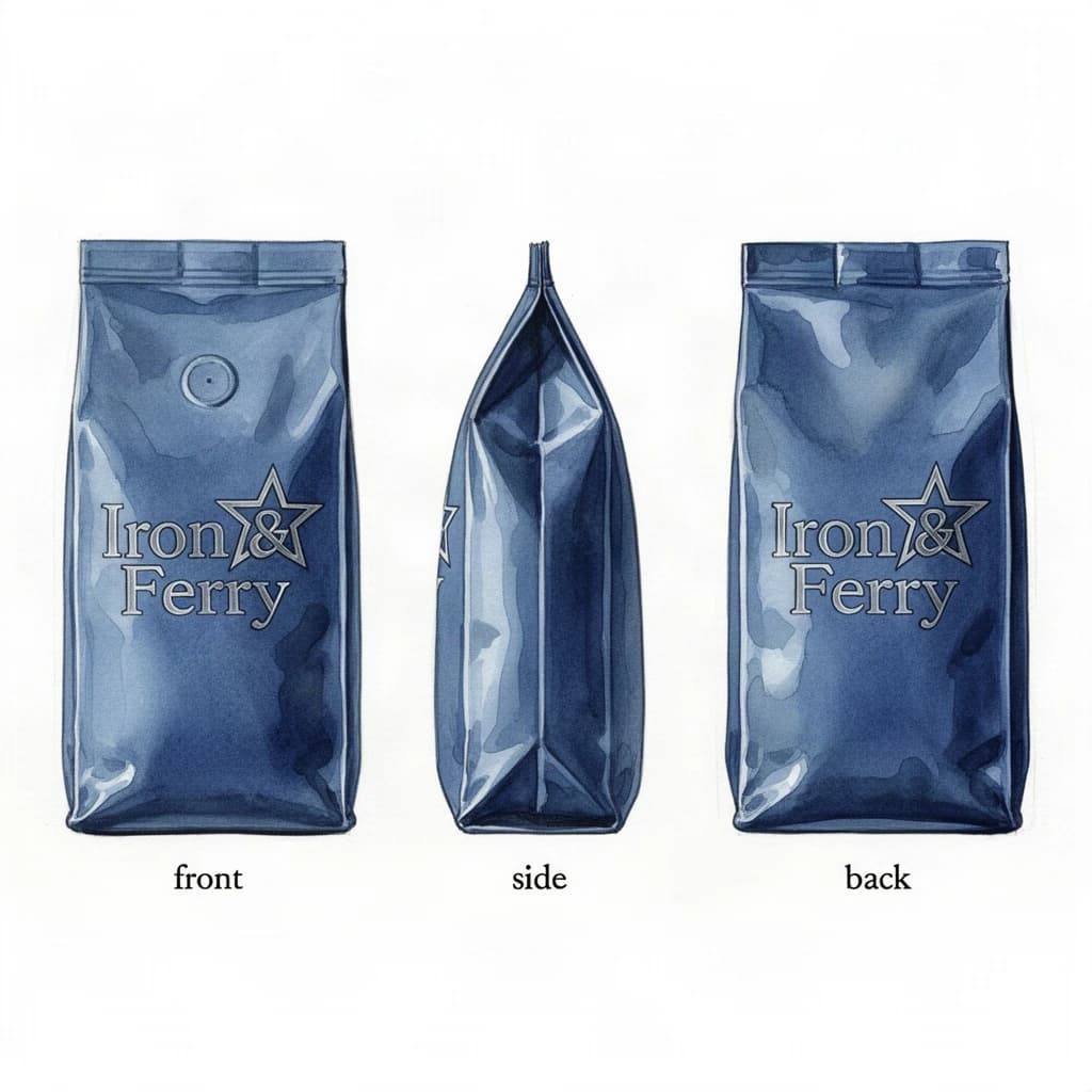 Watercolor of the same coffee bag drawn in three views, captioned "front", "side" and "back", every view carrying the wordmark "Iron & Ferry" with a five-point star outline beside it in the same blue-and-silver coloring, only the angle changing.