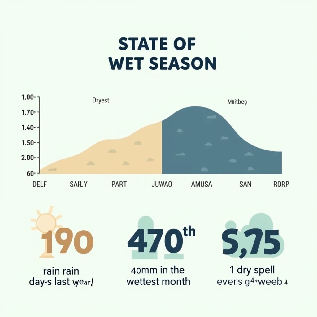 Flat vector illustration titled "State of Wet Season": at the center a twelve-month rainfall timeline, carrying two keyed regions, "Driest" shaded sand and "Wettest" shaded dark blue, beside a bottom row of three stat chips reading "190 rain days last year", "470mm in the wettest month" and "1 dry spell every 4 weeks".