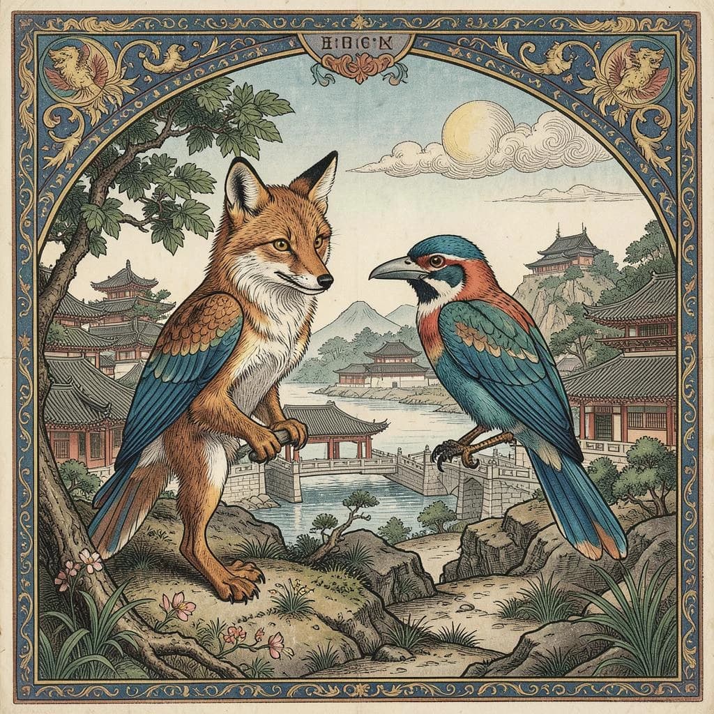 Fox and Turaco in Pyongyang, North Korea in the style of byzantine
